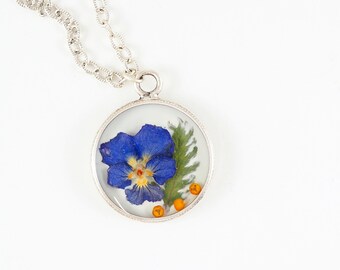 Blue viola yellow palm flowers fern on white resin in circle frame necklace real flower pendant floral gift for her