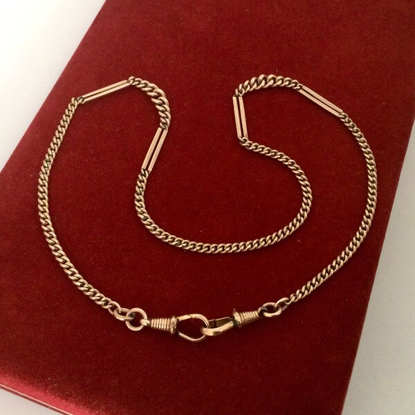 Antique 17 3/4” Watch chain Rose Gold Filled Layer Necklace Dog Clip Clasp Fancy Links Vintage