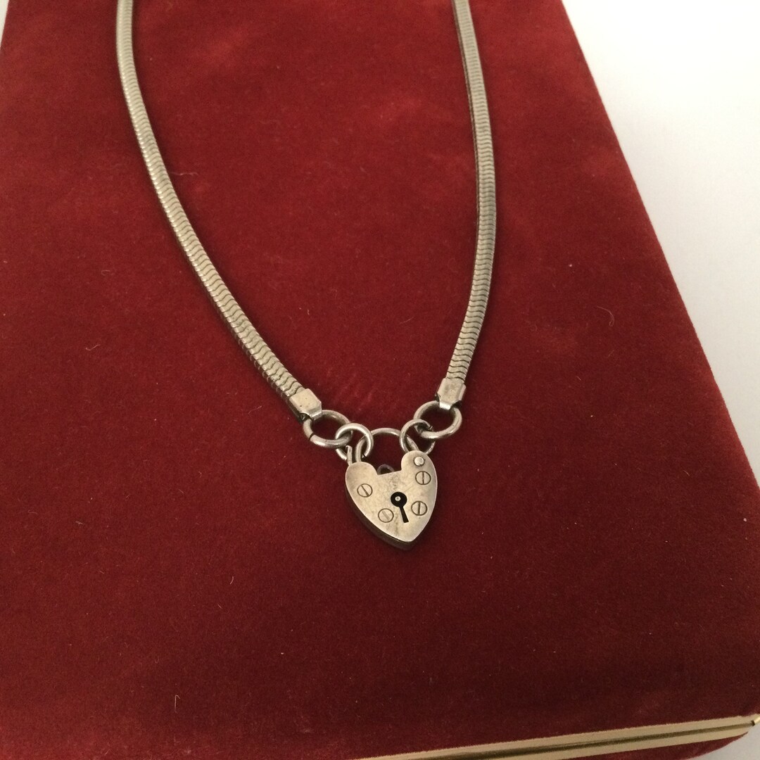 Antique Chain Silver 16 3/4 Watch Chain Necklace Fob Padlock Vintage