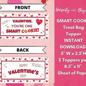 Printable Valentine&#39;s Day Treat Bag Topper, One Smart Cookie, Valentine Bag Toppers, Goodie Bag topper, Valentine&#39;s Day Printable, Sweets