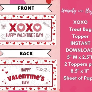 Printable Valentine&#39;s Day Treat Bag Topper, Valentine Bag Toppers, Goodie Bag topper, Valentine&#39;s Day Printable, Xoxo, Hugs and Kisses Treat