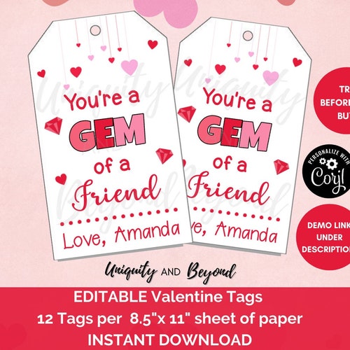 Valentine Printable You Are a REAL GEM of a FRIEND Etsy