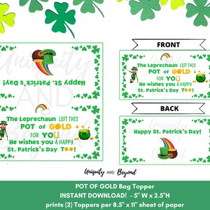 Pot of Gold Bag Topper, Leprechaun Favors, St Patrick's Day Bag Topper, St Patrick's day treat bags, Printable, Digital Download image 1