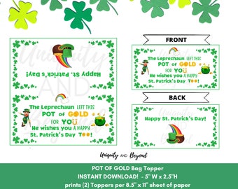 Pot of Gold Bag Topper, Leprechaun Favors, St Patrick's Day Bag Topper, St Patrick's day treat bags, Printable, Digital Download