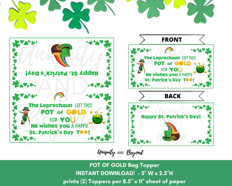 Pot of Gold Bag Topper, Leprechaun Favors, St Patrick's Day Bag Topper, St Patrick's day treat bags, Printable, Digital Download image 1