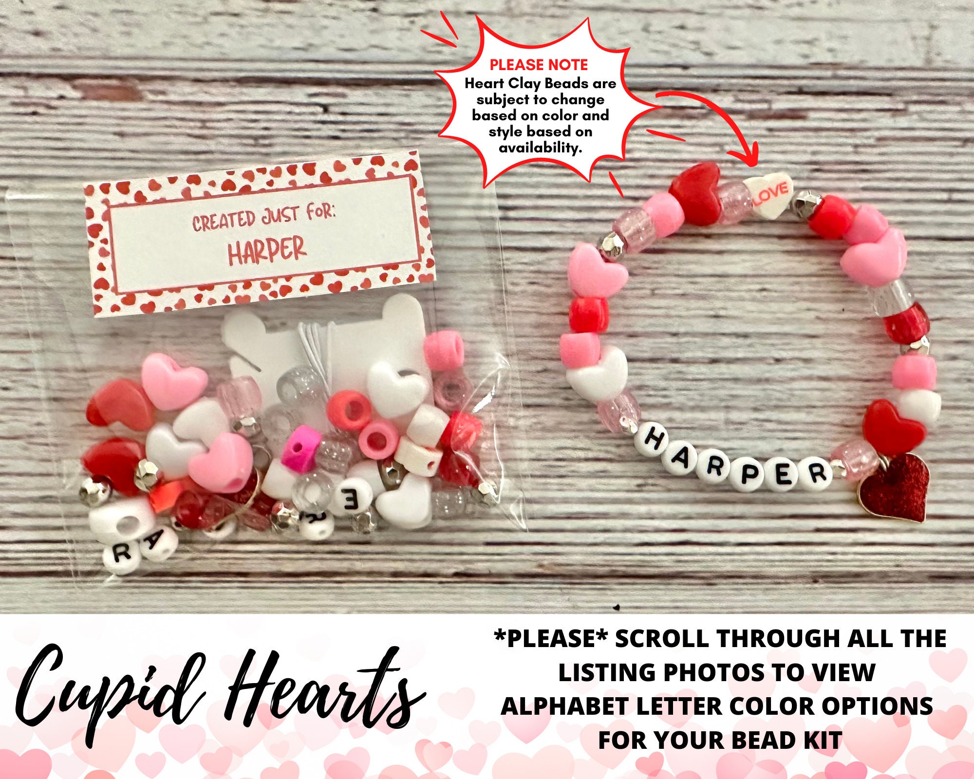 Valentines Day Bracelet Bead Kit, Heart Bracelet, Valentine Gift, Kids Birthday Gift, Name Bracelet, DIY, Gift for Kid, Party Favors