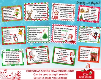 Christmas Scavenger Hunt, Christmas Treasure Hunt, Christmas Songs Rhyming Scavenger Hunt, Christmas games, Christmas Party Games, Clues