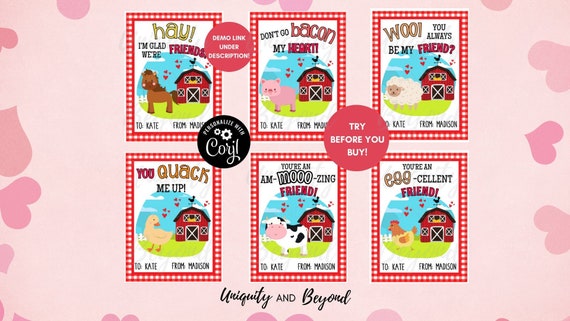 Farm Animals Valentines Farm Classroom Valentine Cards Kids