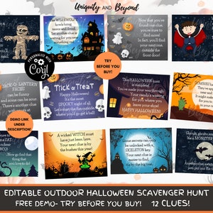 EDITABLE OUTDOOR Halloween Scavenger Hunt, Halloween Treasure Hunt, Trick or Treat Game, Scavenger Hunt Clues, Halloween Games, Party Games