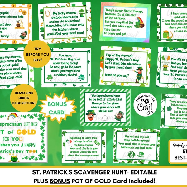 EDITABLE St. Patrick's Day Scavenger Hunt, Leprechaun Treasure Hunt, St. Patrick's Day Game, Scavenger Hunt Clues, Party Games, Favors