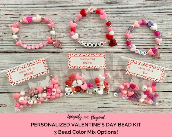 Valentines Day Bracelet Bead Kit, Heart Bracelet, Valentine Gift, Kids Birthday Gift, Name Bracelet, DIY, Gift for Kid, Party Favors