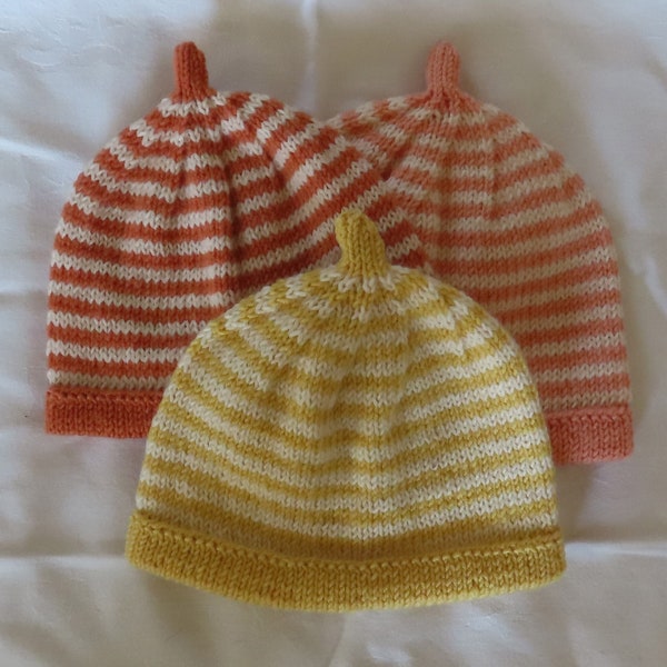 Baby Hat Merino Wool, New Born, Baby, Toddler, Hand Knitted Yellow Peach Terracotta