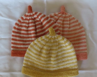 Bonnet bébé en laine mérinos, nouveau-né, bébé, tout-petit, tricoté à la main jaune pêche terracotta