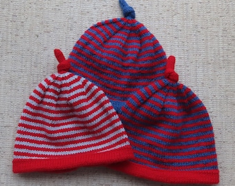 Baby Hat Merino Wool, Toddler Hand Knitted 1 & 2 years, Red, Navy