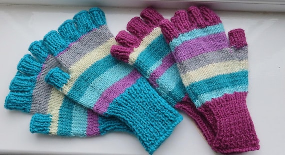 Hand Knitted Fingerless Gloves Pure British Wool Plum Blue