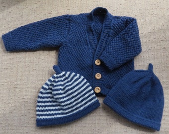 Baby Jacket Cardigan Hand Knitted Merino Wool 0-3 months Blue