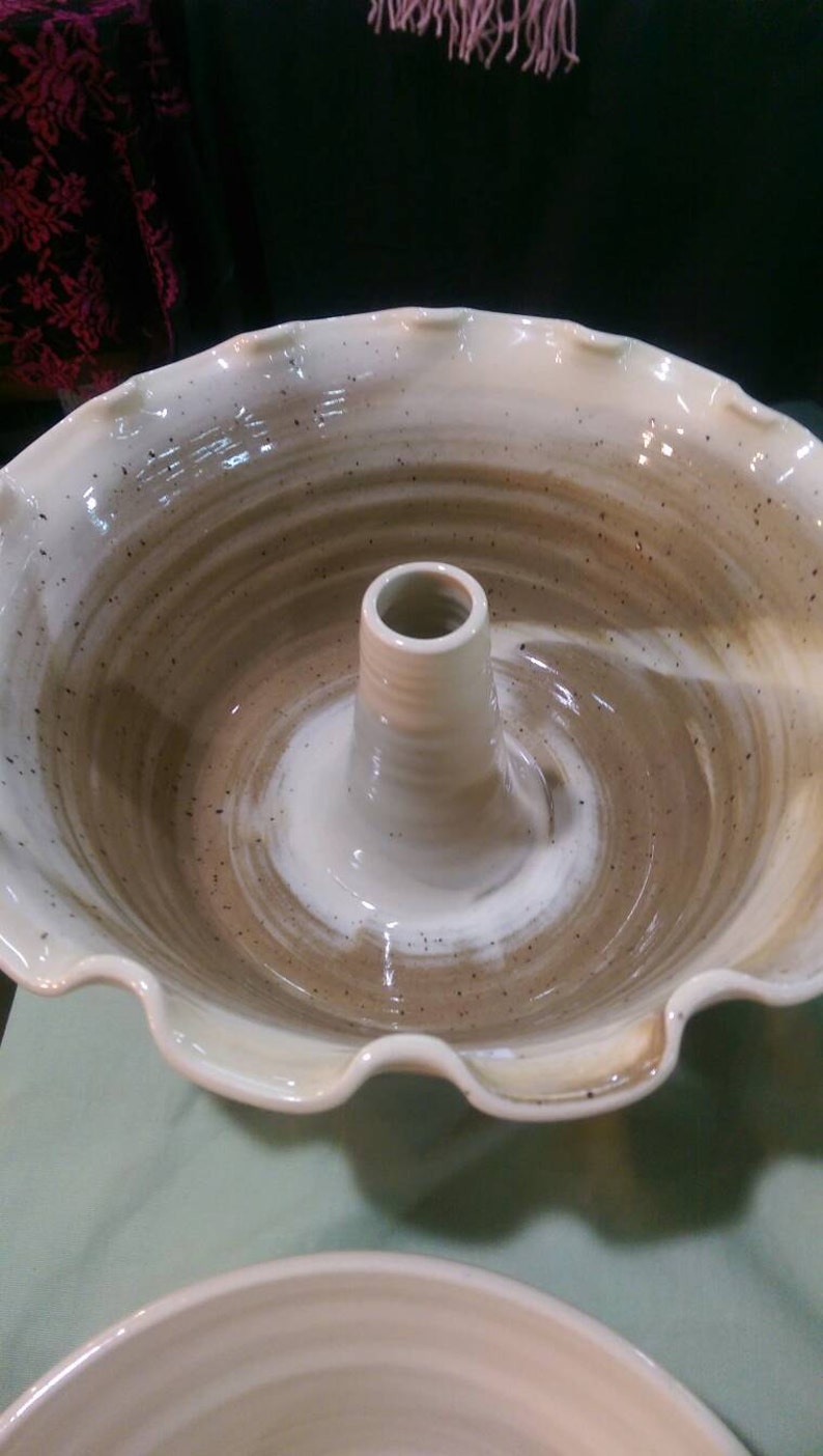 handmade functional 3 weeks. Available in brown or green Pound Cake pan Beautiful Made to order Unique hand-turned pottery Bunt pan
