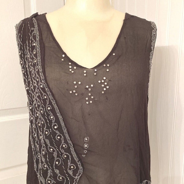 Vintage 1920s 1930s art deco beads & rhinestone chiffon georgette blouse flapper