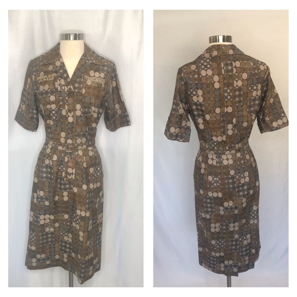 Vintage 1950s/1960's Herman Marcus Cotton Print Shirt Waist Dress, Wiggle Skirt B 38