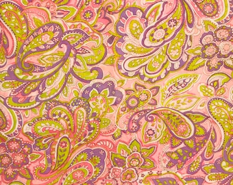 VINTAGE 1960/'s ORANGE YELLOW PAISLEY FLORAL COTTON FABRIC