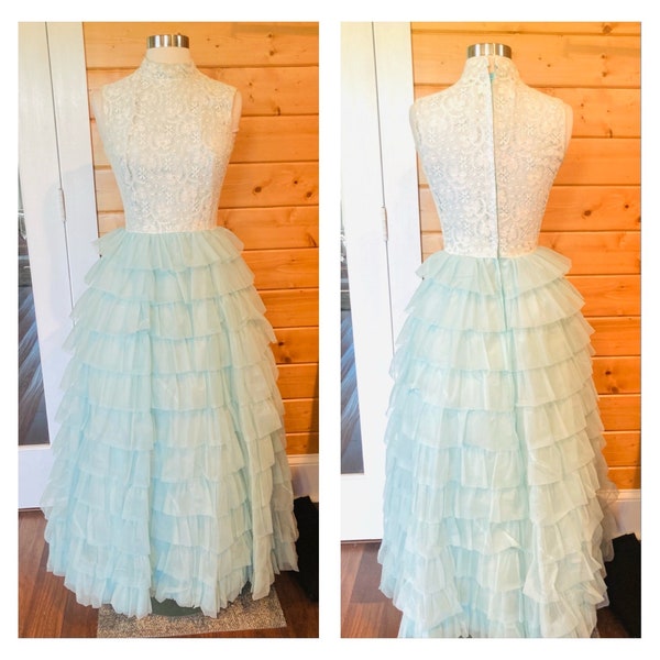 Vintage 1960s prom dress party dress cupcake ruffles tulle taffeta nylon B34