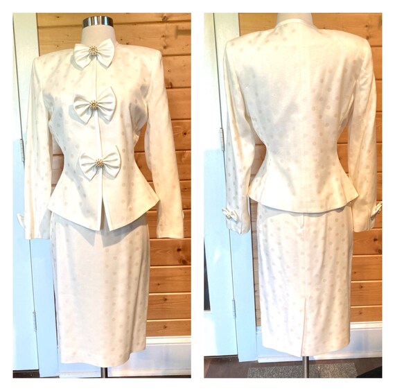 Vintage 1980s Albert Nipon suit white dress suit bow peplum lg shoulders B 36