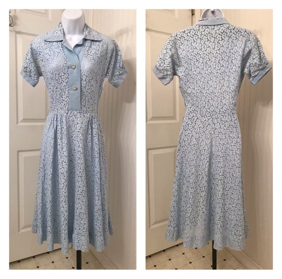 Vintage 1940's blue lace dress, rhinestone buttons