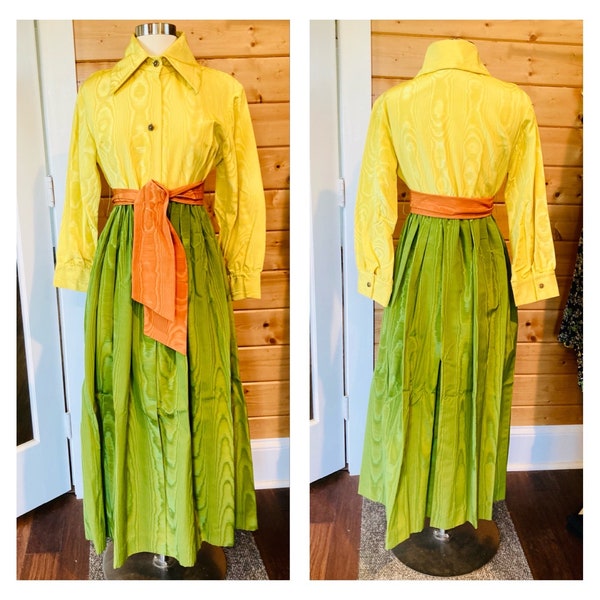 Vintage 1970s hostess gown maxi dress, yellow green orange moire faille, dagger collar