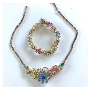 Vintage 50s Coro Corocraft set necklace & bracelet colorful rhinestone flowers demi parure