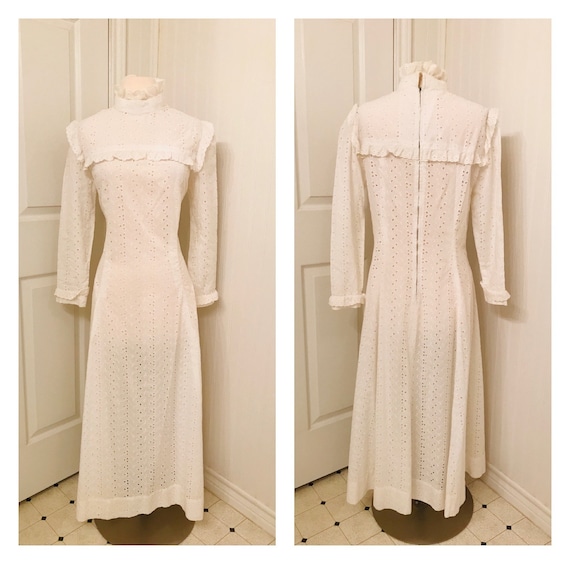 Vintage 1960's peasant maxi dress, white eyelet, … - image 1