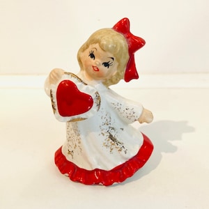 Vintage 1950s Lefton girl w red heart Valentine, red bow #376 Japan