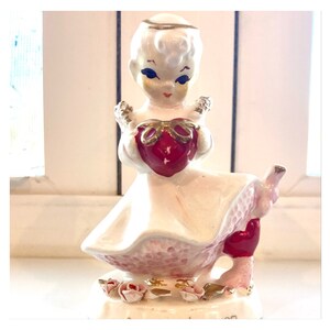 Vintage Napco Lefton ceramic angel with red heart, pink petticoat Saturdays Angel