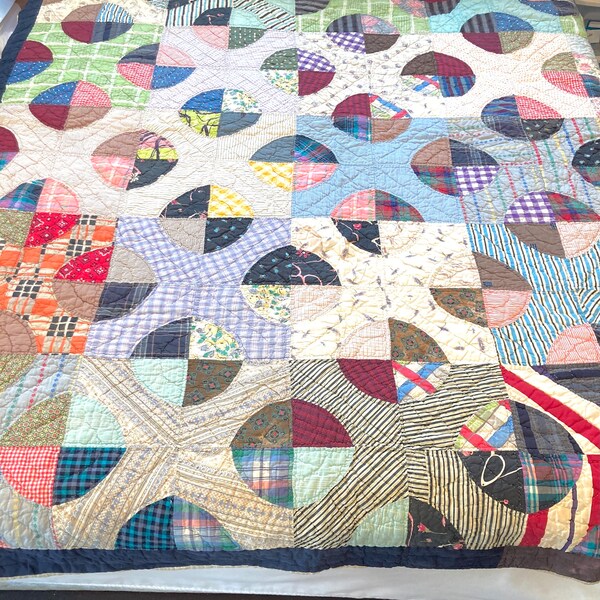 Vintage 1940s quilt hand stitched depression era fabrics 83 x 69"