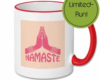 Ceramic Mug, Namaste Yoga Cup with Red Handle, Morning Mantra Design
