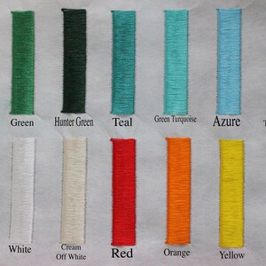 May include: A color chart featuring embroidered swatches in various shades. Colors include Apple Green, Green, Hunter Green, Teal, Green Turquoise, Azure, Teal Blue, Black, White, Cream Off White, Red, Orange, Yellow, and Mint Green.