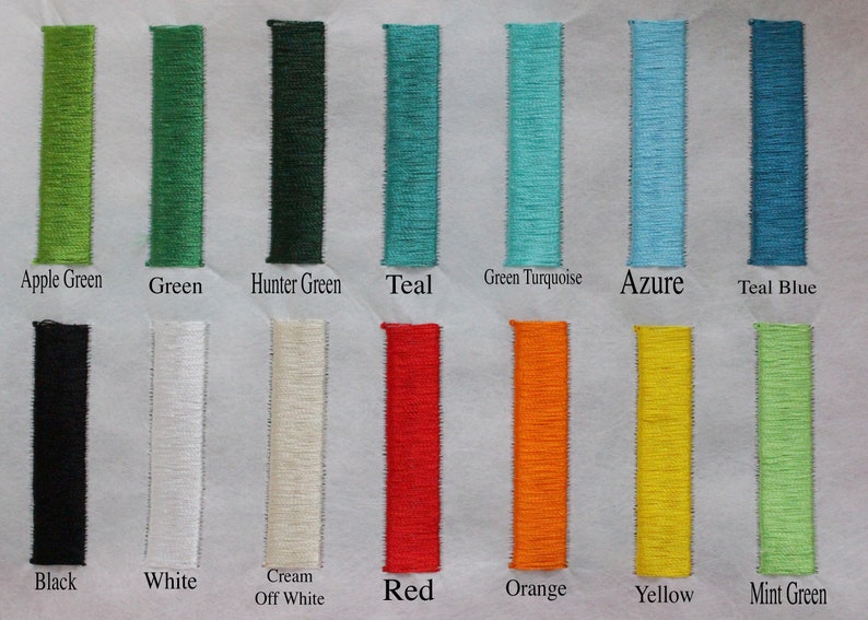 May include: A color chart featuring embroidered swatches in various shades. Colors include Apple Green, Green, Hunter Green, Teal, Green Turquoise, Azure, Teal Blue, Black, White, Cream Off White, Red, Orange, Yellow, and Mint Green.