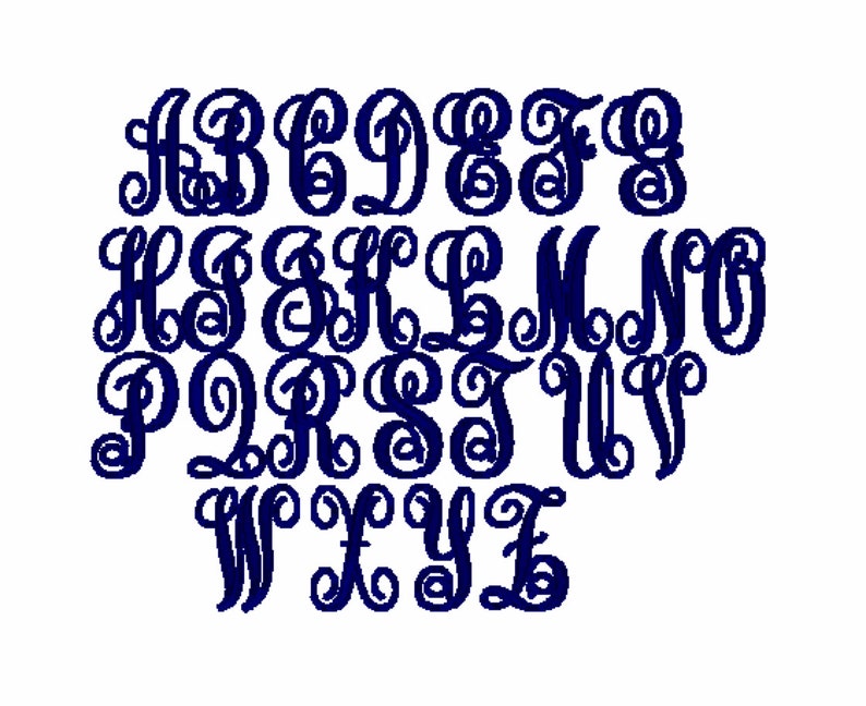 Peut inclure: Un alphabet complet en bleu marine, dans une police cursive &eacute;l&eacute;gante. Chaque lettre est affich&eacute;e sur un fond blanc. Les lettres sont stylis&eacute;es avec des volutes et des boucles d&eacute;coratives.