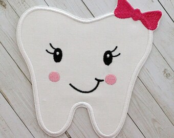 Girl's Smiling Tooth Iron On Patch, Dental Applique