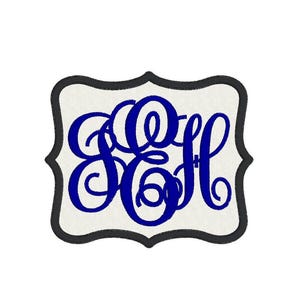 May include: A monogram design featuring the intertwined letters E, S, and H in a vibrant blue hue. The letters are set against a textured, off-white background, framed by a decorative, scalloped border with a dark gray outline.