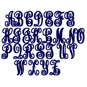 May include: A complete alphabet in a navy blue, elegant, cursive font. Each letter is displayed on a white background. The letters are stylized with decorative swirls and loops, perfect for personalized crafts.