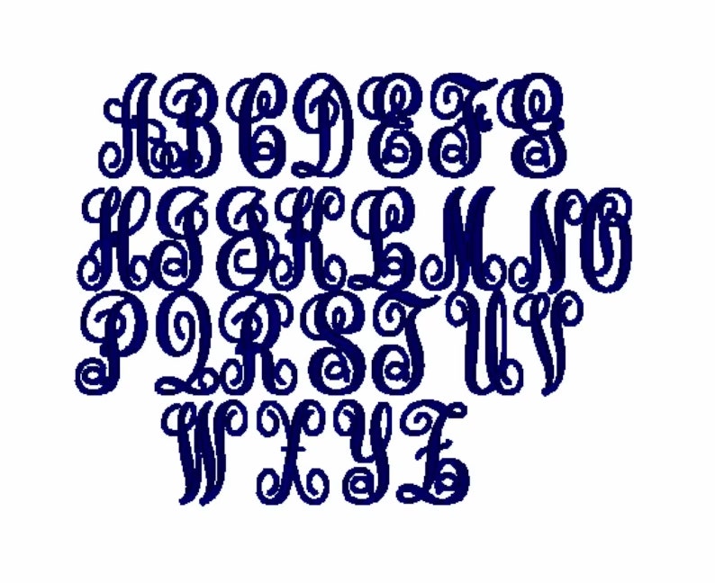 May include: A complete alphabet in a navy blue, elegant, cursive font. Each letter is displayed on a white background. The letters are stylized with decorative swirls and loops, perfect for personalized crafts.