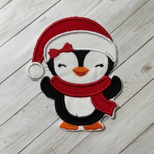 Christmas Penguin Iron On Patch - Holiday Embroidered Applique