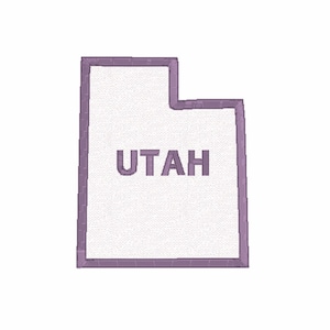 May include: A purple outline of the state of Utah with the word "UTAH" written in the center.
