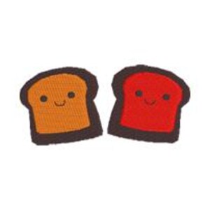 May include: Two embroidered patches shaped like slices of toast with dark brown crusts. One slice has a golden-brown center and the other has a bright red center. Both slices feature a simple black embroidered face with two eyes and a small smile.