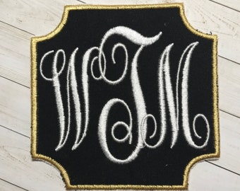 Embroidered Monogram Iron On Patch: Gold Trim, Connected Letters