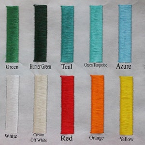 May include: A color chart featuring embroidered swatches in various shades. Colors include Apple Green, Green, Hunter Green, Teal, Green Turquoise, Azure, Teal Blue, Black, White, Cream Off White, Red, Orange, Yellow, and Mint Green.