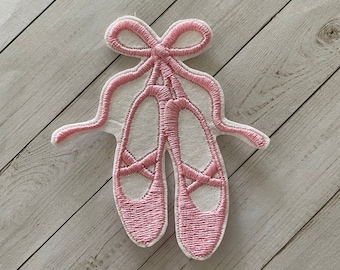 Ballet Slippers Iron On Applique, Pink Embroidered Dance Shoes Patch