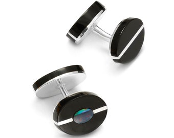 Double-sided silver cufflinks with jet and Australian opal doublets