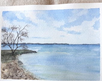 Original watercolor of a lake in the Camargue, France - French landscape - Camargue - watercolor - landscape painting - water landscape