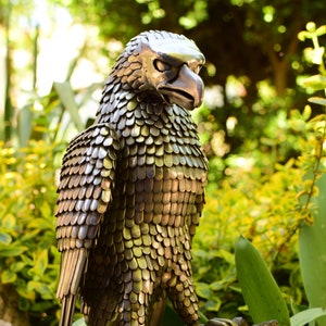 Eagle metal Yard Art bird, Recycled sculpture stainless steel figurine on a tree stand